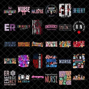Puede incluir: Una colección de diseños gráficos coloridos con texto relacionado con los servicios médicos de emergencia y la enfermería. Los diseños incluyen las palabras "Nurse", "Emergency Department" y "ER Crew", junto con símbolos médicos y temas patrióticos.