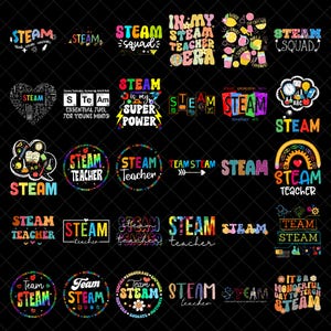 May include: A collection of colorful STEAM-themed designs on a black background. The designs feature the word "STEAM" in various fonts and styles, along with related phrases like "STEAM Teacher" and "STEAM Squad". The designs incorporate rainbow colors and educational elements.