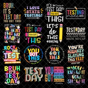 以下が含まれることがあります： テストデーに関連するテキストを含む、カラフルなグラフィックデザインのコレクションです。「You Got This」、「Rock the Test」、「Testing Mode On」などのフレーズが特徴です。画像には、鉛筆、星、その他の学校をテーマにした要素が含まれています。