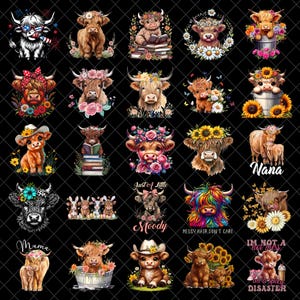 Pacote de flores de vaca das Terras Altas PNG, bebê vaca PNG, vaca escocesa, vaca feliz das Terras Altas PNG, vaca engraçada das Terras Altas PNG, berçário de bebê vaca PNG