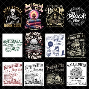 Könnte beinhalten: Eine Sammlung von schwarz-weißen Grafikdesigns mit Illustrationen zum Thema Bücher. Die Designs zeigen Schädel, Bücher und Texte wie "Anti-Social Book Club" und "Introverted Book Club". Einige Designs haben florale Elemente.