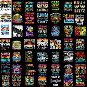 May include: A collection of colorful graphic designs with the words "Spring Break 2026" and various destinations like Florida, Bahamas, and Mexico. Designs include sunglasses, palm trees, and cruise ships on a black background.