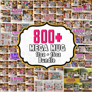 Könnte beinhalten: Eine Sammlung von Tassen mit verschiedenen Designs, darunter Themen wie Autismus, Lehrer, religiöse Motive, Disney und Valentinstag. Das Bild zeigt ein 800+ Mega-Tassen-Bundle, erhältlich in Größen von 312 ml bis 425 ml.