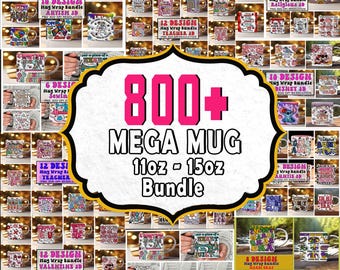 Paquete de más de 800 envoltorios para tazas, tazas PNG de 11 oz y 15 oz, tazas para maestros, enfermeras, mamás, café, dibujos animados y diseños de sublimación.