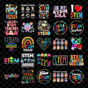 Puede incluir: Una colección de coloridos diseños con temática STEM sobre un fondo negro. Los diseños presentan texto y gráficos relacionados con la ciencia, la tecnología, la ingeniería, el arte y las matemáticas. Algunos diseños incluyen frases como "STEM Teacher".