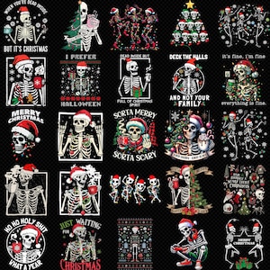 Puede incluir: Una colección de gráficos de esqueletos con temática navideña. Los esqueletos llevan gorros de Papá Noel y sostienen tazas, con frases como "Merry Christmas" y "Sorta Merry Sorta Scary". Los diseños están sobre un fondo negro.