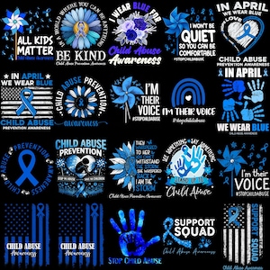 Puede incluir: Una colección de gráficos azules y blancos con texto que promueve la concienciación sobre el abuso infantil. Los diseños incluyen cintas, flores, molinetes, huellas de manos y la bandera estadounidense. El texto incluye frases como "Usamos azul" y "Detener el abuso infantil".