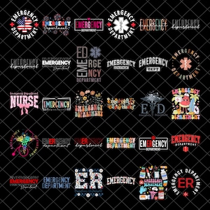 Può includere: Una collezione di vari design con le parole "Emergency Department" e immagini correlate. I design includono la bandiera americana, simboli medici, motivi floreali e le lettere "ER" in diversi caratteri e stili. I design sono in vari colori.