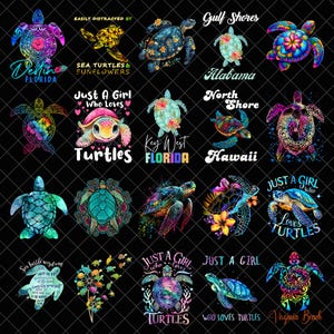 May include: A collection of colorful turtle designs on a black background. Each design features a turtle with floral or patterned details, and some include text like "Destin Florida," "Just a Girl Who Loves Turtles," and "Key West Florida."