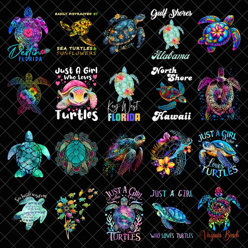May include: A collection of colorful turtle designs on a black background. Each design features a turtle with floral or patterned details, and some include text like "Destin Florida," "Just a Girl Who Loves Turtles," and "Key West Florida."