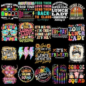 K&ouml;nnte beinhalten: Eine Sammlung farbenfroher Grafikdesigns mit Texten zum Thema Lunch Ladies. Designs beinhalten S&auml;tze wie "Lunch Lady Life", "Lunch Hero" und "Fri-Yay!" mit verschiedenen Schriftarten und Illustrationen.