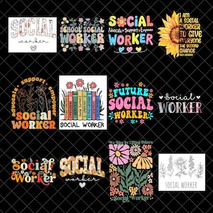 Pode incluir: Uma coleção de designs gráficos coloridos com as palavras "Social Worker" em várias fontes e estilos. Alguns designs incluem elementos florais, corações e frases como "Future Social Worker" e "Advocate Support Empower".