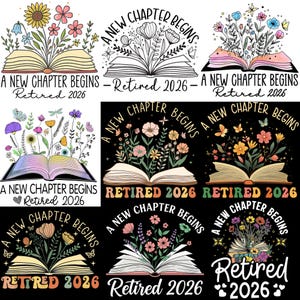 以下が含まれることがあります： 「A New Chapter Begins - Retired 2026」のテキストと花の配置が施された、開いた本を特徴とする複数のデザイン。 デザインは色とスタイルが異なり、黒い背景のものもあります。