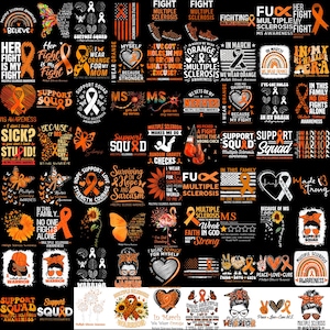 May include: A collection of orange and white graphic designs, including ribbons, butterflies, and text related to Multiple Sclerosis awareness. The designs are on a black background, with various slogans and symbols.