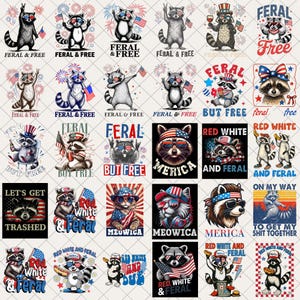 May include: A collection of patriotic raccoon illustrations in red, white, and blue. The raccoons are depicted with sunglasses, American flags, and festive attire, with text like "Feral & Free" and "Merica".