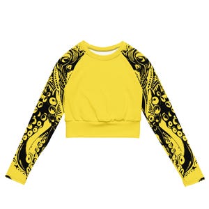 Recycled Octopus Yellow Long-sleeve Crop Top  | Printed Rash Guard  | Women’s Activewear | Yoga Crop Top | Scuba Diving | Swimwear UPF 50+