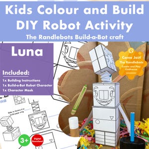 May include: DIY robot activity kit for kids. The kit includes building instructions, a robot character, and a character mask. The robot is white with black outlines and is designed to be colored. The kit is for ages 3+.
