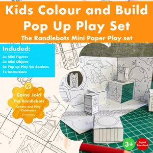 Puede incluir: Un juego Pop Up Kids Colour and Build, con el mini juego de papel Randlebots. El juego incluye mini figuras, objetos, secciones de juego emergentes e instrucciones. La imagen muestra un juego de papel parcialmente ensamblado con descarga digital.