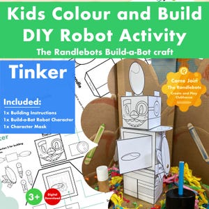 May include: A DIY robot activity kit for kids. The kit includes building instructions, a build-a-bot robot character, and a character mask. The kit is designed for children ages 3 and up. The text on the image says "Kids Colour and Build DIY Robot Activity".