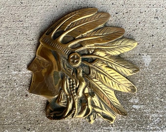 Vintage Large Cast Metal Gold American Indian Chief Head