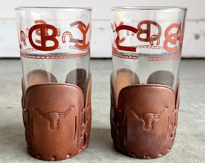 Vintage Pair of Cowboy Drinking Glasses Glass & Leather - Etsy