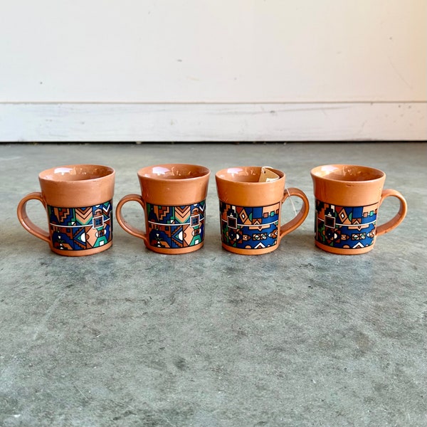 Vintage Set of 4 Ndebele Earthworks Pottery Mugs - South Africa