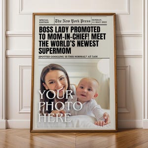 Arte de parede de jornal personalizada para a mãe – presente personalizado para a primeira viagem da mãe, presente engraçado para o dia das mães para impressão, pôster da mãe chefe
