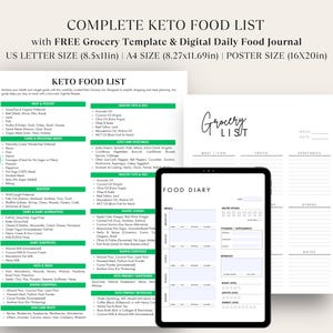 Keto Grocery List, Keto Food List, Low Carb Food List with Grocery Template and Digital Fitness and Food Journal - US Letter/A4/Poster Sizes