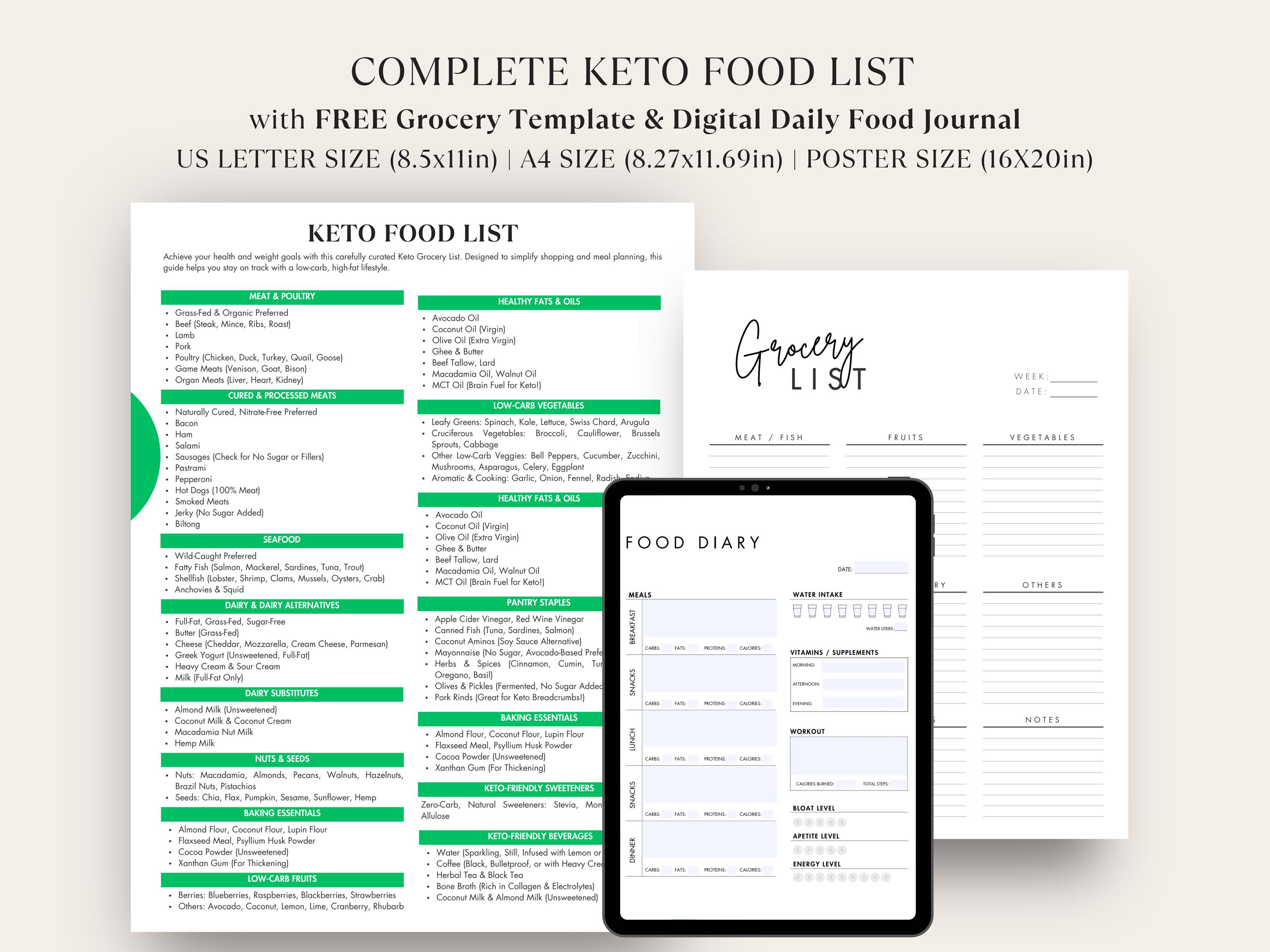 Keto Food List | Keto Grocery List Printable | Low Carb Food List | Keto Tracker | Meal Planner and Groceries Planner | Instant Download