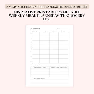 Planificador de comidas semanal con lista de la compra imprimible: plantilla rellenable para preparar comidas (PDF/A4/A5, tamaño carta) / Planificador de menú, alimentación y dieta de 7 días