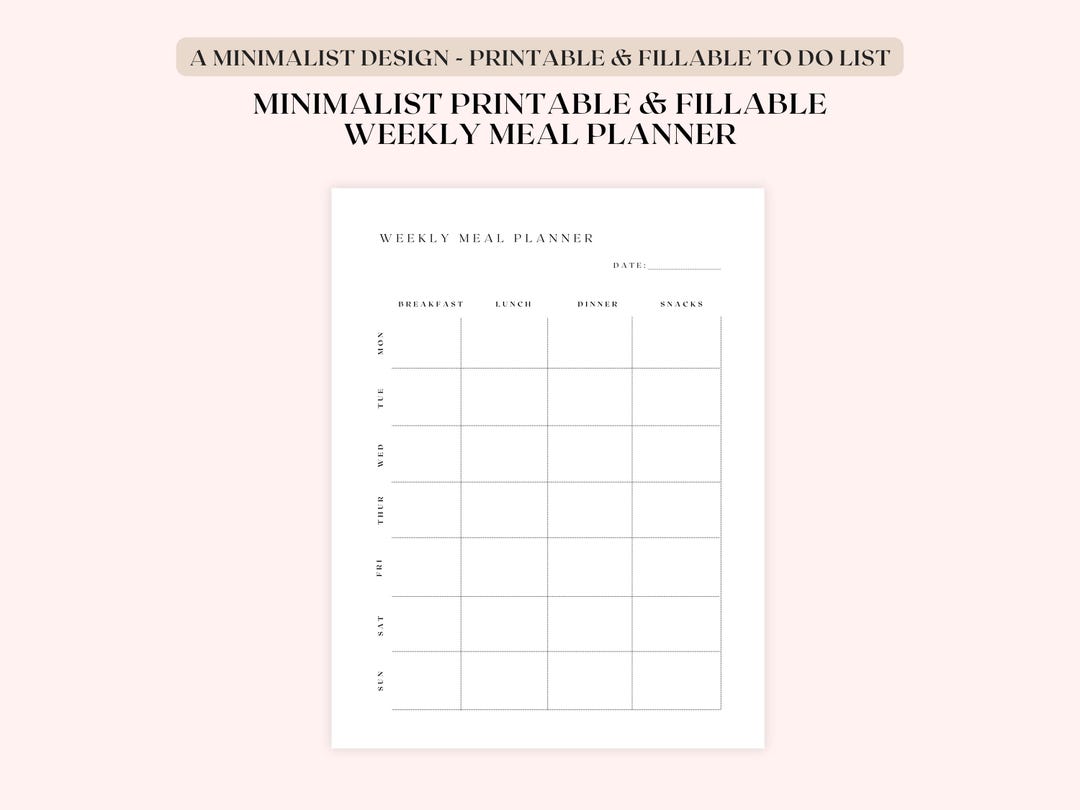 Minimalist Weekly Meal Planner Printable – Fillable 7-day Food Planner ...
