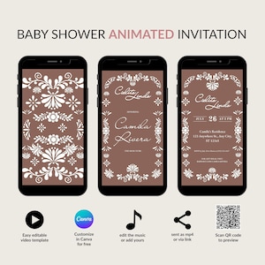 Invito modificabile "Cielito Lindo" per baby shower, modello digitale animato con musica messicana, invito Papel Picado, Talavera marrone, CLBS