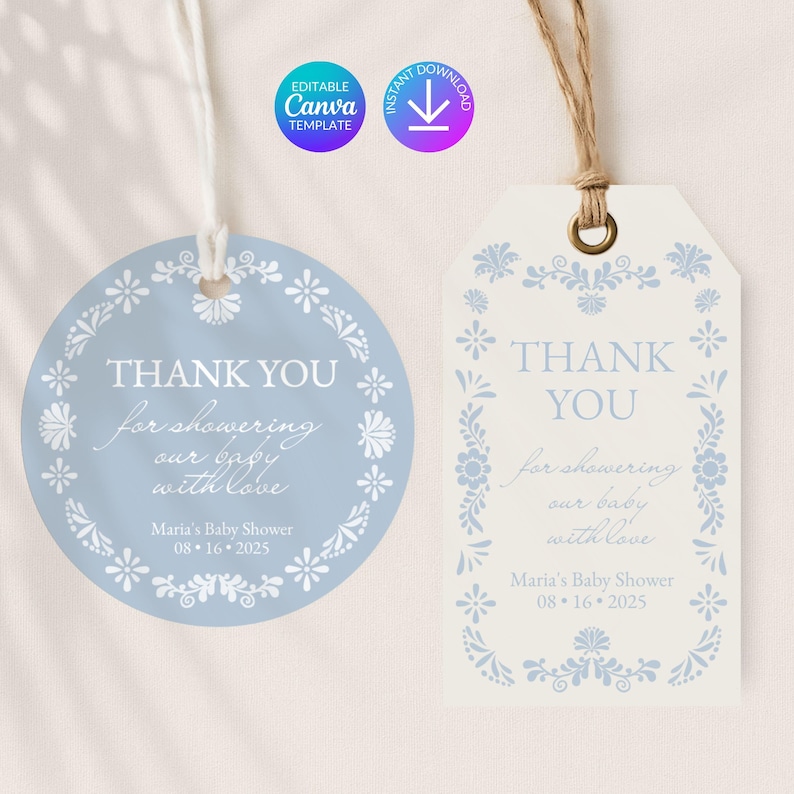 May include: Two baby shower thank you tags. One is round and light blue, the other is a cream color. Both have floral borders and the text "THANK YOU for showering our baby with love." The date "08-16-2025" is also included.