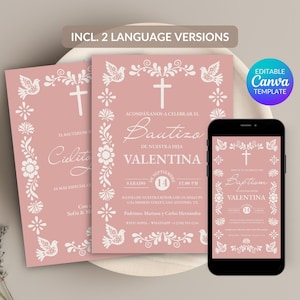Girl Cielito Lindo Bautizo Invitacion, Editable Mexican Invite, Papel Picado Canva Template, Talavera Baptism Invitation, Pink & Cream