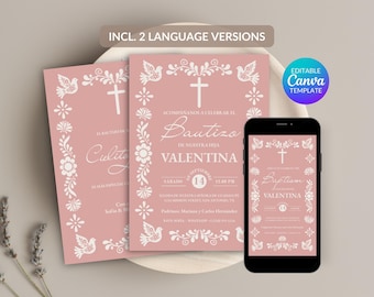 Girl Cielito Lindo Bautizo Invitacion, Editable Mexican Invite, Papel Picado Canva Template, Talavera Baptism Invitation, Pink & Cream