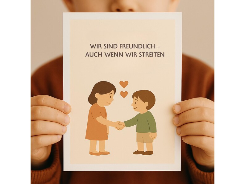 May include: A greeting card with the text "WIR SIND FREUNDLICH - AUCH WENN WIR STREITEN" and an illustration of two children shaking hands. The children are wearing orange and green clothing. Three hearts float above them.
