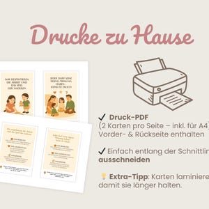 May include: Printable cards with illustrations of families and children, with German text. The image includes a printer graphic and text that says "Print at Home". The cards have text in German.