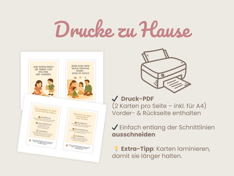 May include: Printable cards with illustrations of families and children, with German text. The image includes a printer graphic and text that says "Print at Home". The cards have text in German.
