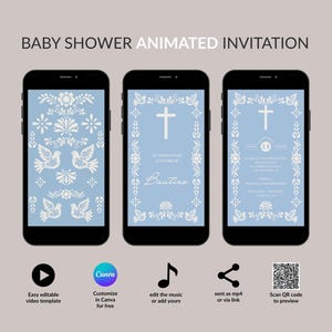 Animated Cielito Lindo Baptism Invitation: Papel Picado Canva Template (Digital Download), Video Invite with Music, Dusty Blue, Baby Boy