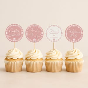 Cielito Lindo Baby Shower Cupcake Toppers: Pink Talavera Art (Printable PDF Template)