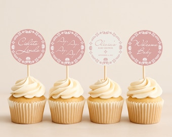 Cielito Lindo Baby Shower Cupcake Toppers: Pink Talavera Art (Printable PDF Template), Instant Download, Editable Canva Template, CLBS