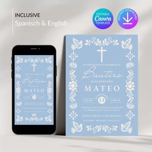 Cielito Lindo Baptism Invitation Boy, Blue Cream Bautizo Invitacion, Editable Mexican Invite, Papel Picado & Talavera Canva Template