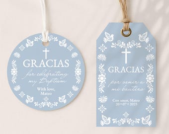 Editable Cielito Lindo Favor Tags | Mexican Papel Picado & Talavera Theme | Bautizo, Baby Shower or First Birthday | Canva Template