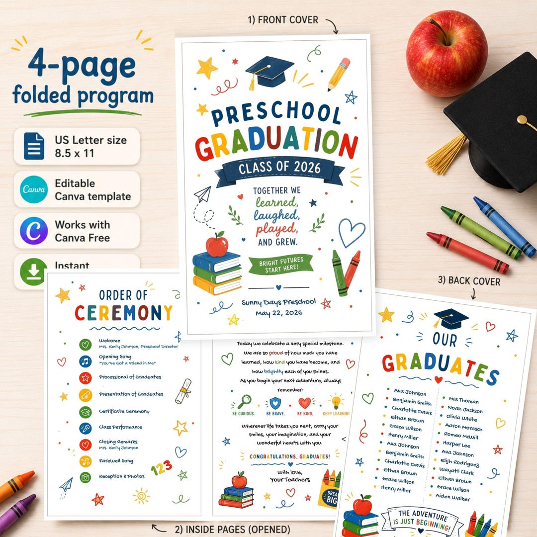 Kindergarten Graduation Program Template, Preschool Ceremony, Class of ...
