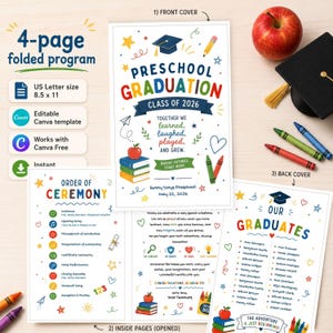Puede incluir: Un programa de graduación preescolar plegado de 4 páginas. La portada presenta texto y gráficos coloridos, incluyendo "Preschool Graduation Class of 2026". El programa es tamaño US Letter, 21,59 x 27,94 cm, e incluye un orden de ceremonia y una lista de graduados.