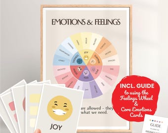 Printable Emotions Wheel & Montessori Feelings Poster and Cards – Digital Therapy Tools for Kids, Mental Health Classroom Decor, Guide