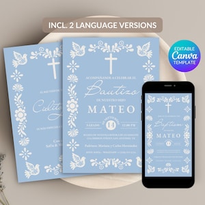 Blue Cielito Lindo Bautizo Invitation: Mexican Papel Picado Canva Template (Digital Download, Baby Boy Baptism Invite