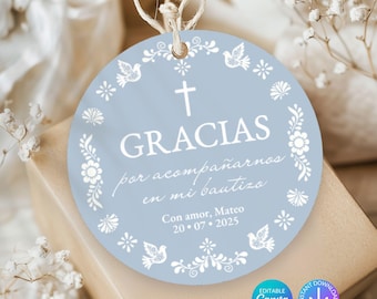 Editable Cielito Lindo Baptism Favor Tags | Mexican Papel Picado & Talavera Style Template (Canva), Thank You Stickers / Labels (Blue, Pink)
