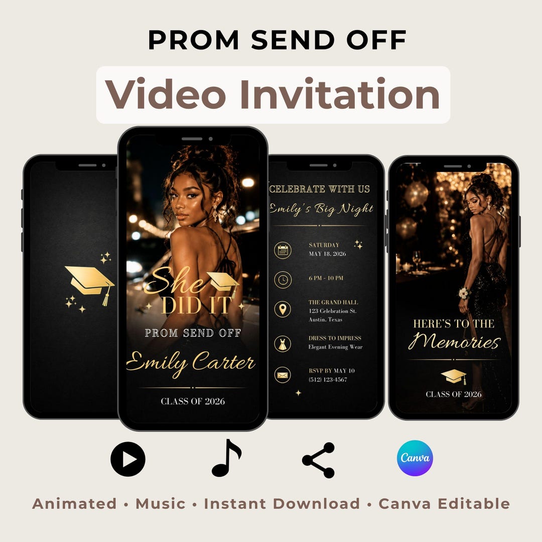 Prom Send off Video Digital Invitation (canva Template), Black Gold ...
