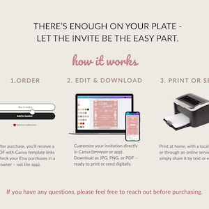 May include: An infographic with text that reads "THERE'S ENOUGH ON YOUR PLATE - LET THE INVITE BE THE EASY PART." It shows the steps: Order, Edit & Download, and Print or Send. Includes a laptop, phone, and printer.